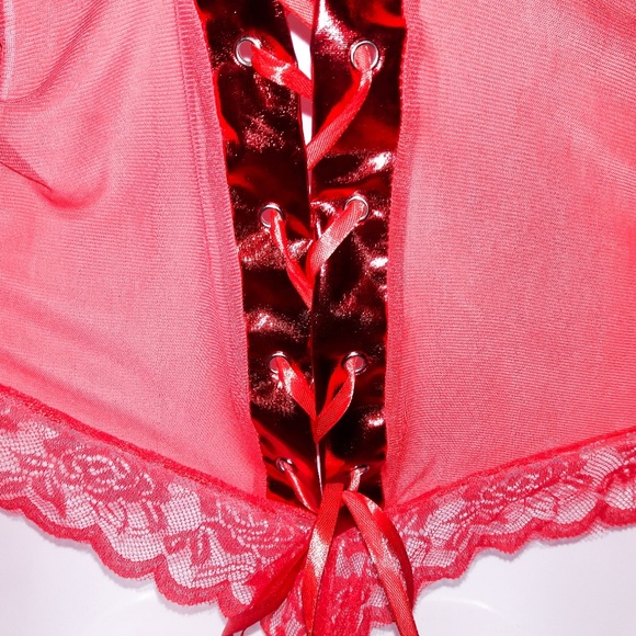 Red Rose Lace Mesh Stretchy Halter Bodysuit - Picture 3 of 6